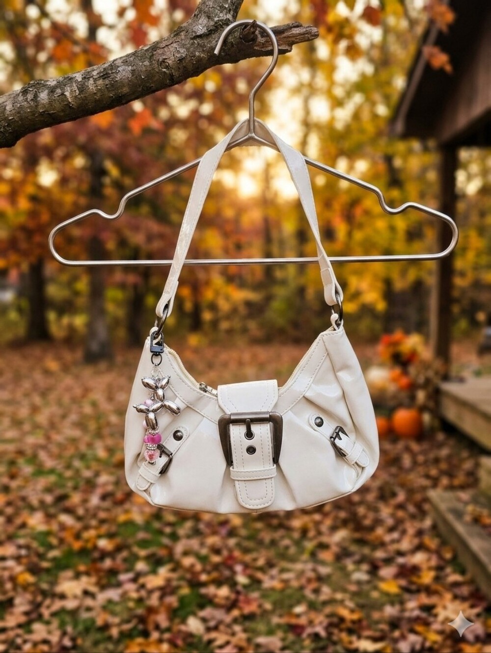White Women’s Shoulder Bag with Decorative Buckle
